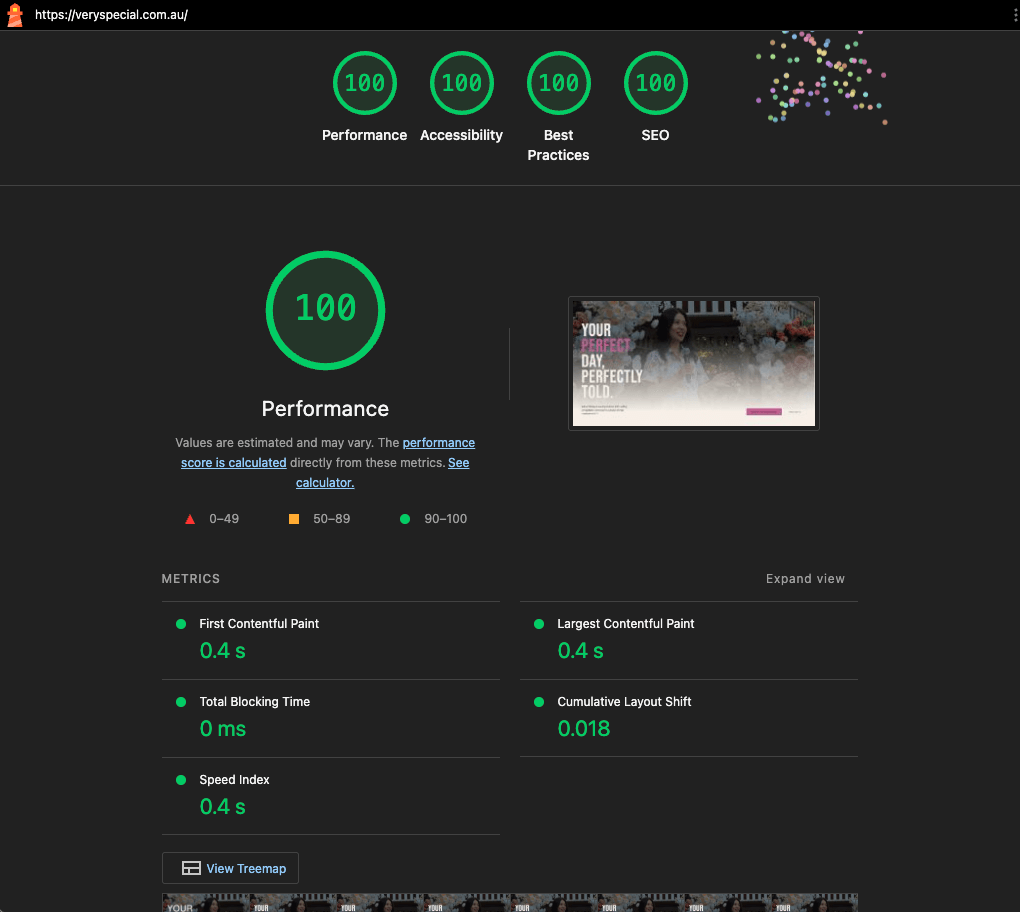 Lighthouse report for Very Special showing scores of 100 for performance, accessibility, best practices, and SEO