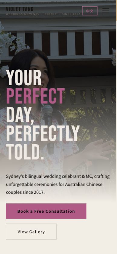 Mobile view of the Very Special bilingual wedding celebrant website